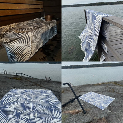 Sisustusviltti, torkkupeitto ja jättipyyhe  – Sininen viltti terassille ja piknikille (140x170 cm) - Monikäyttöinen ja kevyt pyyhe toimii reissukumppanina ja kodin sekä terassin sisustamiseen.